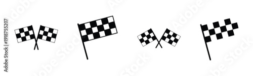 Checkered racing flag icons for finish line, two flags crossed and single flag, solid and outline