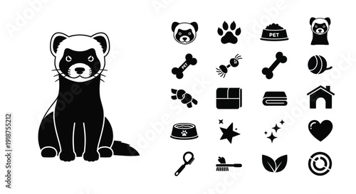 A black and white illustration of a ferret sitting next to a collection of pet-related icons, including food bowls, toys, and paw prints.