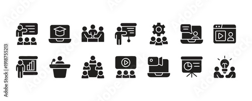 Business presentation and education icons, meeting and learning symbols