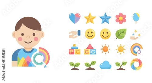 Illustration of a boy with a rainbow emblem on his shirt, surrounded by various colorful icons representing growth, happiness, and learning.