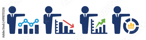 Business presentation icons with people and financial charts analysis and growth