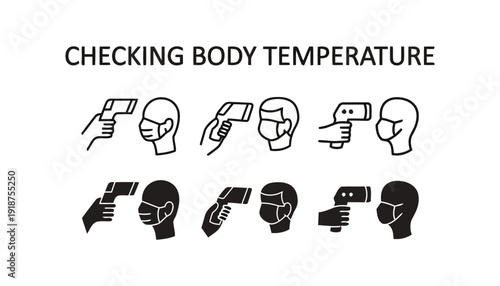 Checking body temperature with infrared thermometer icons