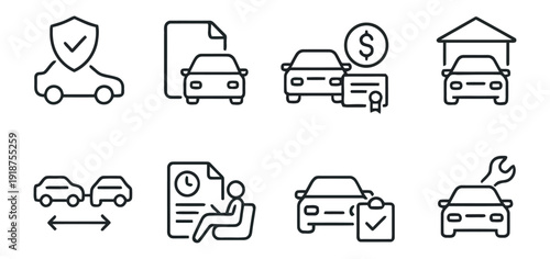 Car insurance and vehicle services icons for automobile protection and maintenance needs