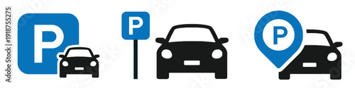 Car parking icons with blue signs and black vehicle silhouettes for urban navigation