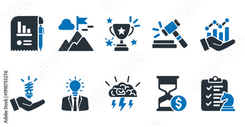 Business strategy icons for success, planning, and goal achievement in finance