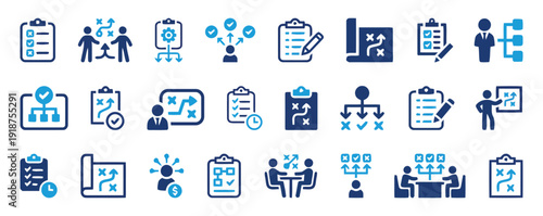 Business strategy and planning icons with charts and people collaboration