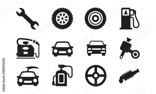 Car service and repair icons including wrench, tire, fuel pump and steering wheel