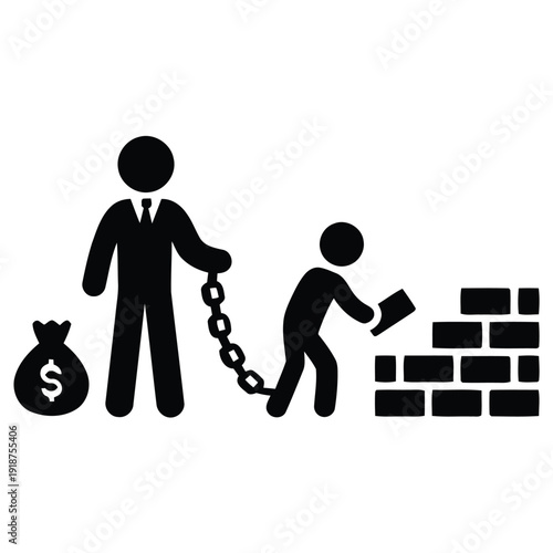 Businessman with money bag chaining worker building wall
