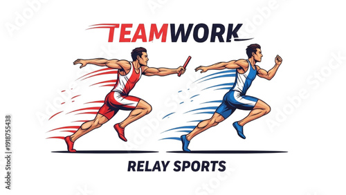 Illustration of a Runner Passing a Baton, Teamwork and Relay Sports Concept