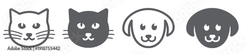 Cat and dog faces icons, pet, animal, friendly, cute, domestic, outline, silhouette, graphic, love