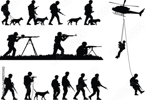 Military soldiers silhouettes with rifles and working dogs, army special forces operations and helicopter rescue isolated on white background defense concept
