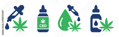 CBD oil dropper bottle with hemp leaf icons