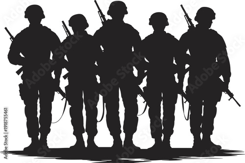 Military soldiers silhouette team, armed special forces unit standing together, tactical army operators with rifles, black vector illustration isolated on white