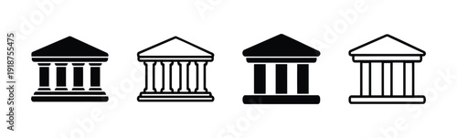 Classical building facades with columns in black and white outlines and solid fill