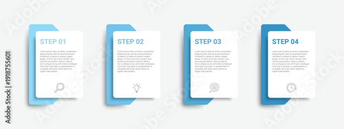 Four blue and white business cards on a plain background