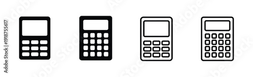 Calculator icons for finance and calculation, solid and outline graphic symbols