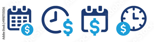 Calendar and clock icons with dollar sign for finance