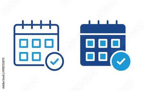 Calendar icon with checkmark set outline and filled illustration isolated on white
