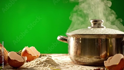 Close-up of a steaming pot on a rustic wooden table with flour and eggs, perfect for food and culinary themes