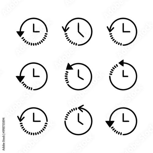 Clock icons with circular arrows representing time, history, and process flow