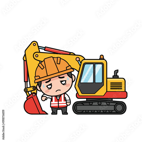 Distressed Construction Worker Next to an Excavator Cartoon Vector