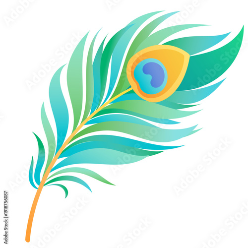 Peacock feather vector illustration, colorful decorative bird feather in flat style, sacred Krishna symbol, colorful Indian spiritual decorative element