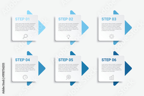 Infographic template with six steps and blue arrows