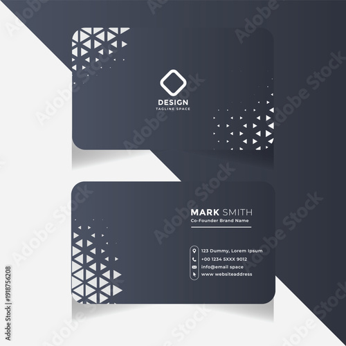 Minimalist dark business card template with white triangle pattern decoration and professional typography for tech companies and modern creative agencies seeking clean aesthetic and brand identity