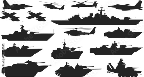 Military vehicles and aircraft silhouettes set, fighter jets, helicopters, warships, tanks, armored transport, army navy air force black vector collection