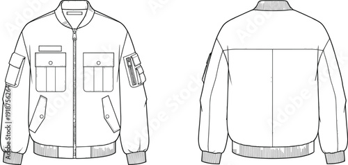 Women bomber jacket technical drawing front and back view isolated on white background fashion apparel template design