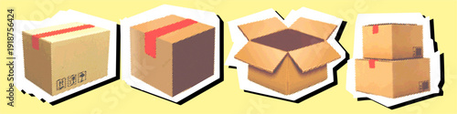 Set package box editable halftone scrapbook element vector for nostalgic mail themes. Ideal for symbolizing vintage deliveries, pop art packaging, and retro shopping.