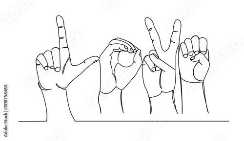 One continuous single drawing line art flat doodle letter, symbol, sign, language, alphabet, finger, abc, deaf, word. Isolated image hand draw contour on a white background
