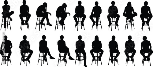 People sitting on stools silhouettes collection, men and women seated poses isolated on white background, black vector illustration