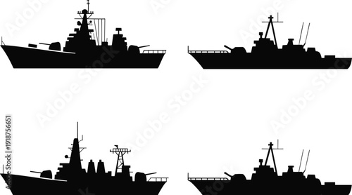 Naval warship silhouette set, military destroyer and battleship isolated on white background, navy fleet vector illustration for defense concept design