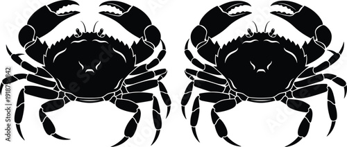 Crab silhouette set isolated on white background, detailed marine crustacean illustration seafood animal design black vector