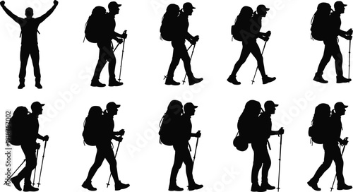 Hiker silhouettes collection, backpackers trekking with hiking poles isolated on white background, outdoor adventure travel vector illustration