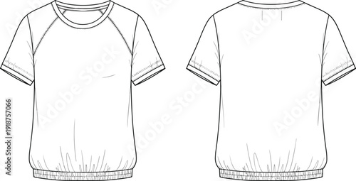 Women short sleeve raglan t shirt technical drawing front and back view isolated on white background fashion template