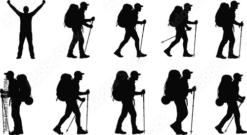 Hiker silhouettes set, backpacker trekking with hiking poles isolated on white background, outdoor adventure travel vector illustration