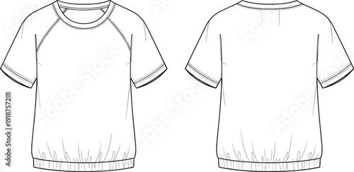Women short sleeve raglan t shirt technical drawing front and back view isolated on white background apparel template