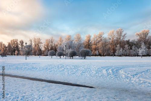A winter scene shows a Park covered in snow. Trees line the horizon and sky is pale blue. Tire tracks mark the fresh snow. Copy ad text space