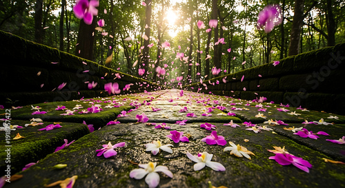 Pink flowers falling on garden path