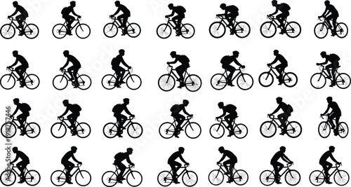 Cyclist silhouette collection with backpack riding bicycle isolated on white background, urban commuting sport activity detailed illustration