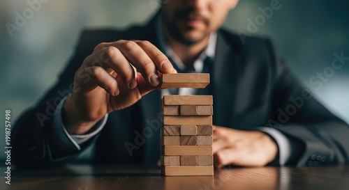 Successful business strategy building a stable foundation for future growth leadership teamwork with wooden blocks concept