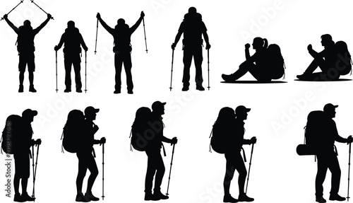 Hiker silhouettes set, backpackers trekking with hiking poles isolated on white background, outdoor adventure travel vector illustration