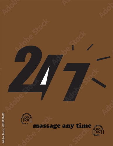 24 7 massage service sign bold black number clock availability anytime flat design