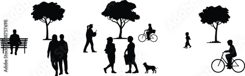 Park life silhouette scene with people walking, cycling and relaxing on benches, urban nature recreation concept, isolated black vector illustration