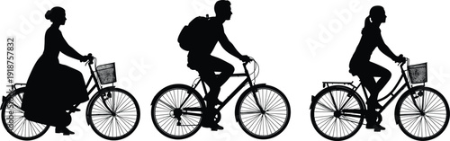 Cyclist silhouettes collection, men and women riding bicycles isolated on white background, urban commuting healthy lifestyle vector illustration