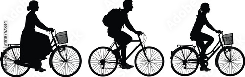 Cyclist silhouettes set, men and women riding bicycles isolated on white background, urban commuting lifestyle black vector illustration