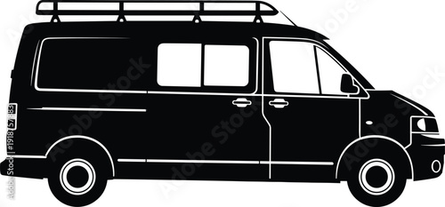 Black van silhouette with roof rack isolated on white background, modern camper vehicle side profile illustration minimalist design