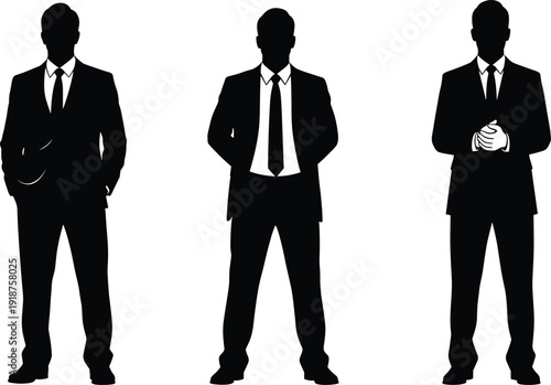Businessman silhouettes collection, professional man in suit standing isolated on white background, corporate executive vector illustration set